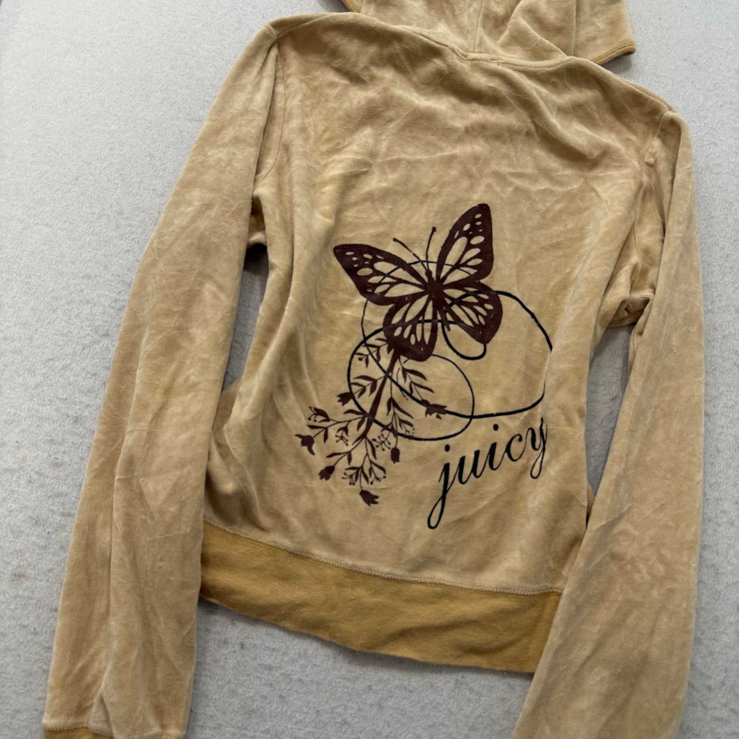 Vintage Juicy Couture Women's Tan Velour Full Zip Hoodie Graphic Logo Y2k Size L