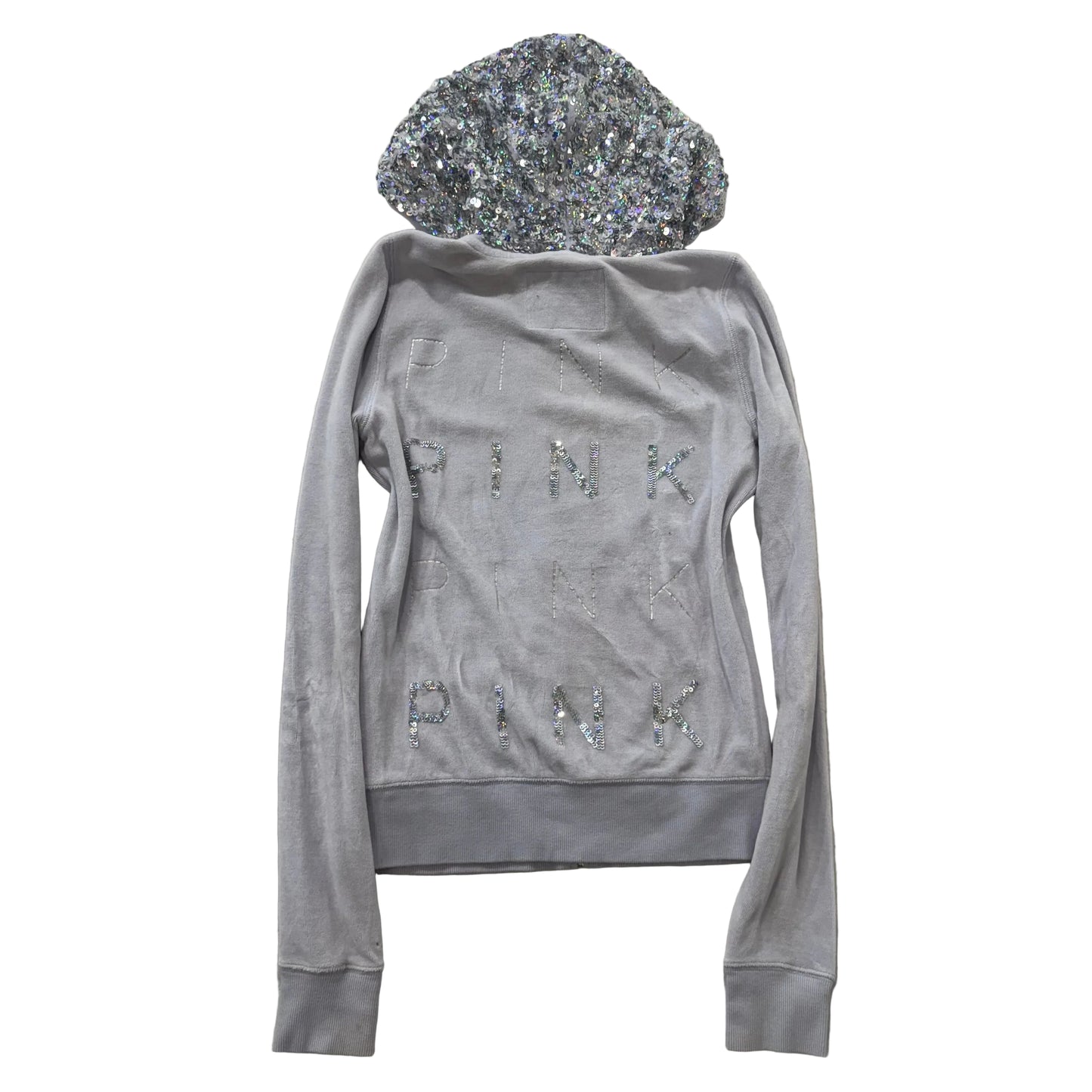 Vintage Victoria’s Secret PINK Gray Velour Sequin Hooded Zip Hoodie Size XS
