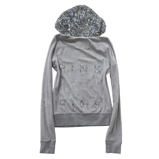 Vintage Victoria’s Secret PINK Gray Velour Sequin Hooded Zip Hoodie Size XS