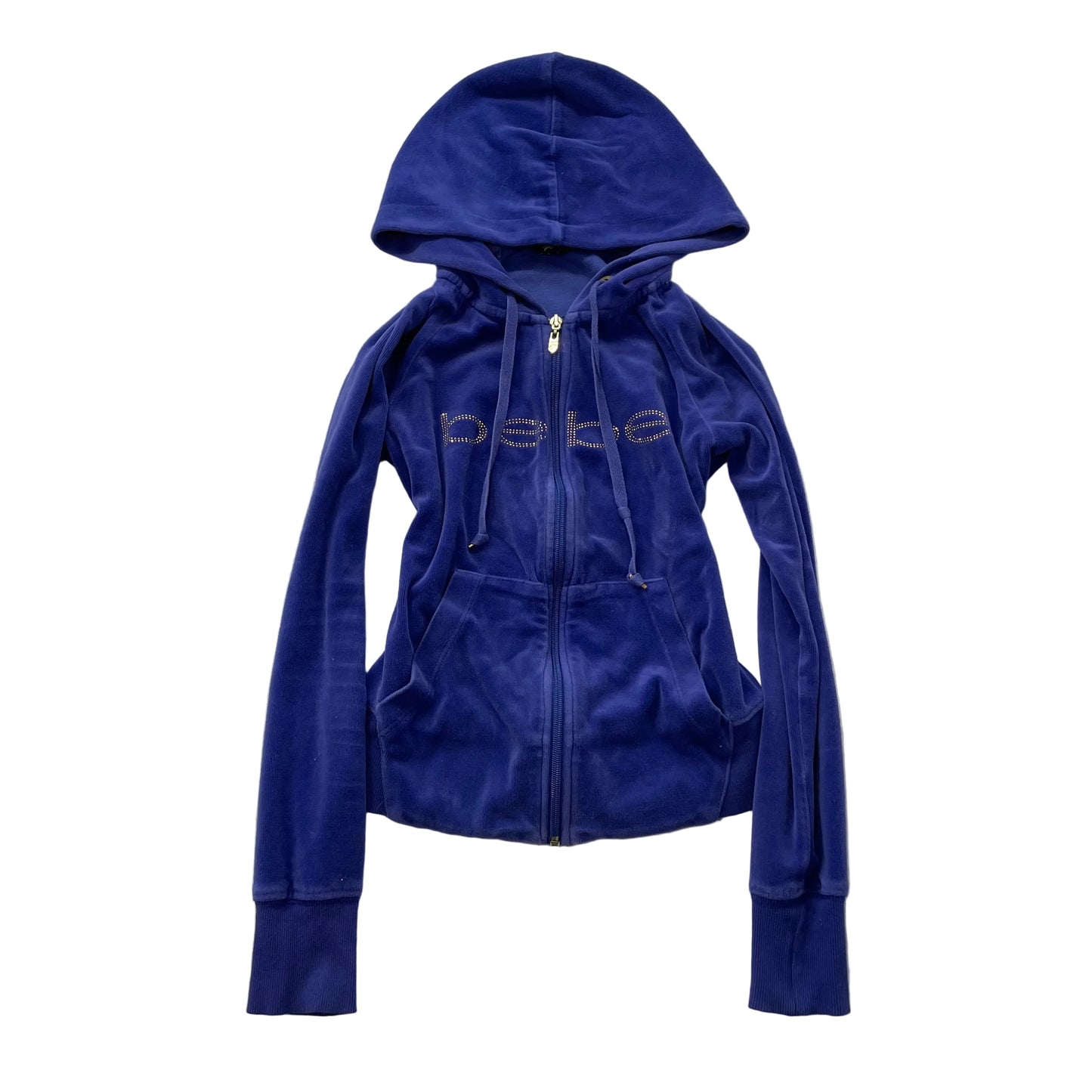 Bebe Women's Royal Blue Velour Full Zip Cropped Hoodie Rhinestone Logo Size S