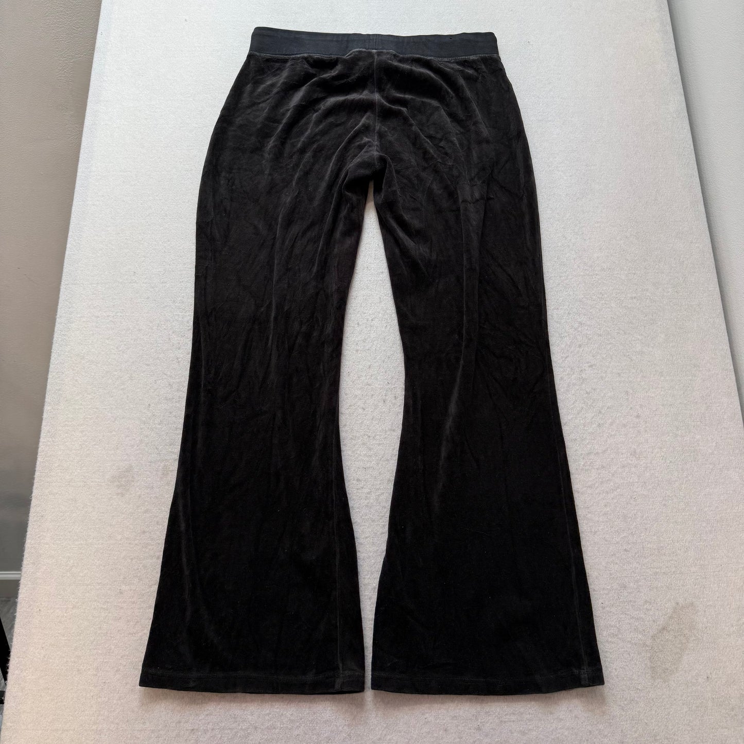 Juicy Couture Women's Black Velour Wide Leg Flared Track Pant Drawstring Size M