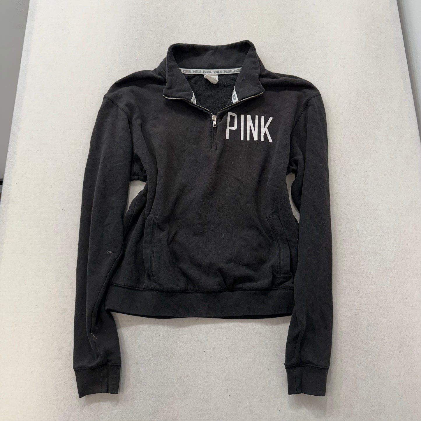 PINK by Victoria's Secret Women Black Cotton Pullover Hoodie 1/4 Zip Logo Size M