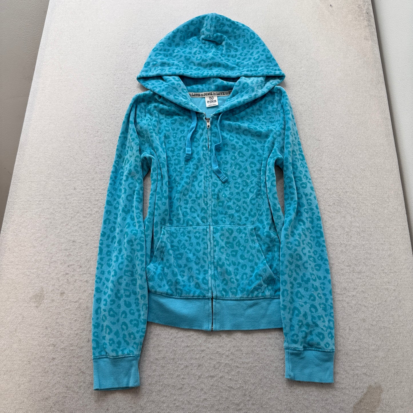 Victoria's Secret PINK Womens Bright Cyan Leopard Print Velour Zip-Up Hoodie - L