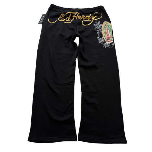 Ed Hardy Women's Black Wide Leg Track Pant Virgen de Guadalupe Graphic Size XL