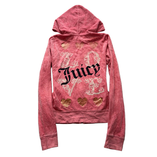 Vintage Juicy Couture Women's Pink Velour Full Zip Hoodie Graphic Pockets Size L