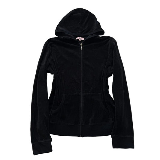 Juicy Couture Women's Jet Black Velour Full Zip Hoodie Kangaroo Pockets Size XL