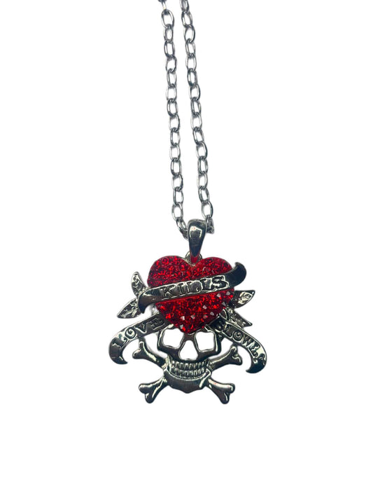 ED HARDY “Love Kills Slowly” RED STAINLESS STEEL RHINESTONE NECKLACE