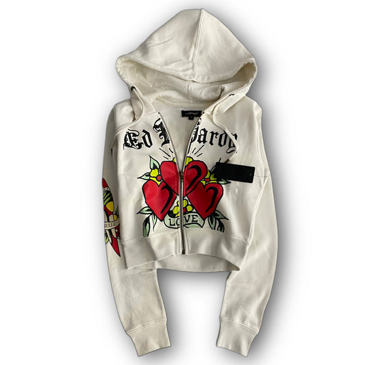 ED HARDY “triple hearts” stone cropped zip up hoodie - Clean Curriculums 