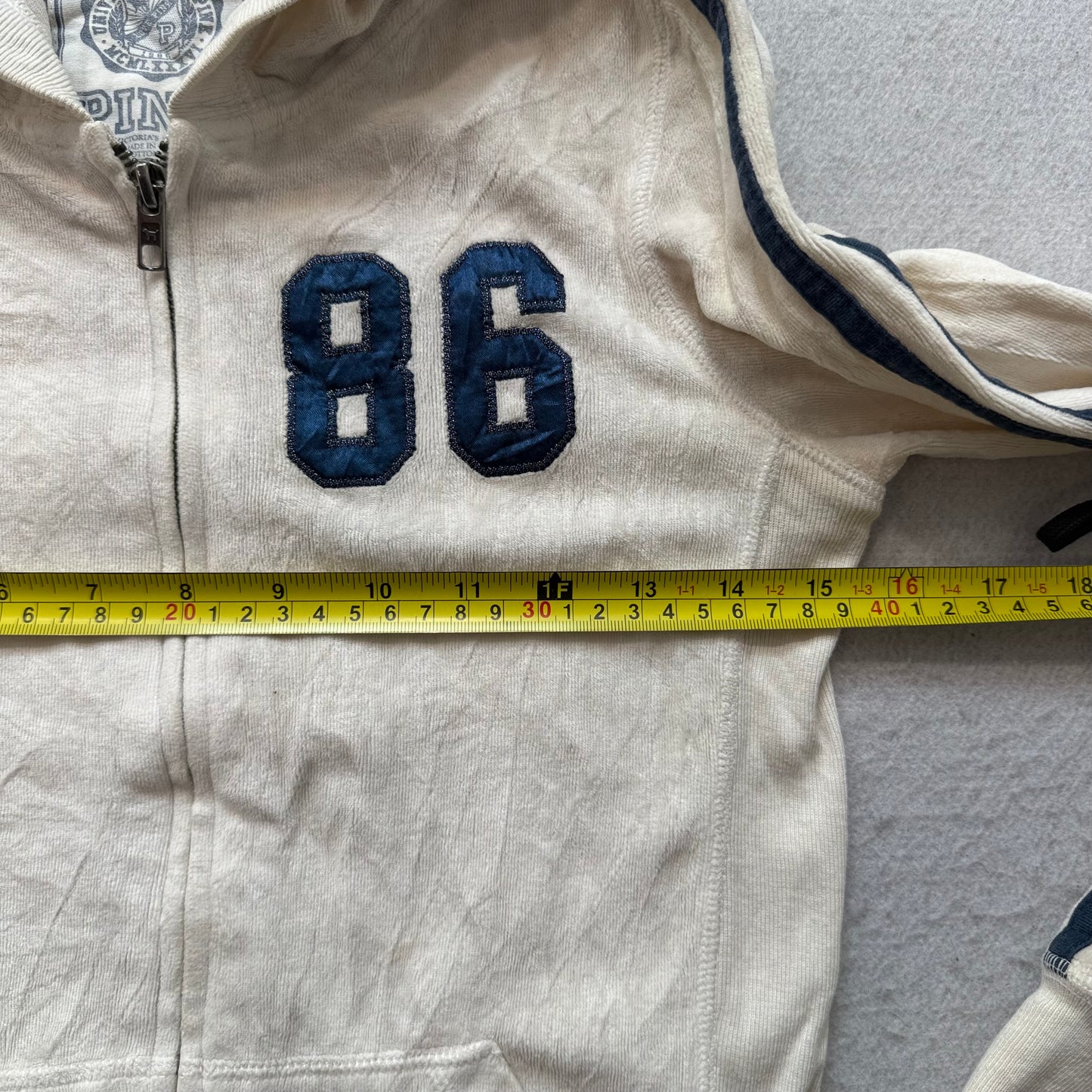 2004 Victoria's Secret PINK Cream Navy #86 Varsity Striped Sleeve Hoodie - XS