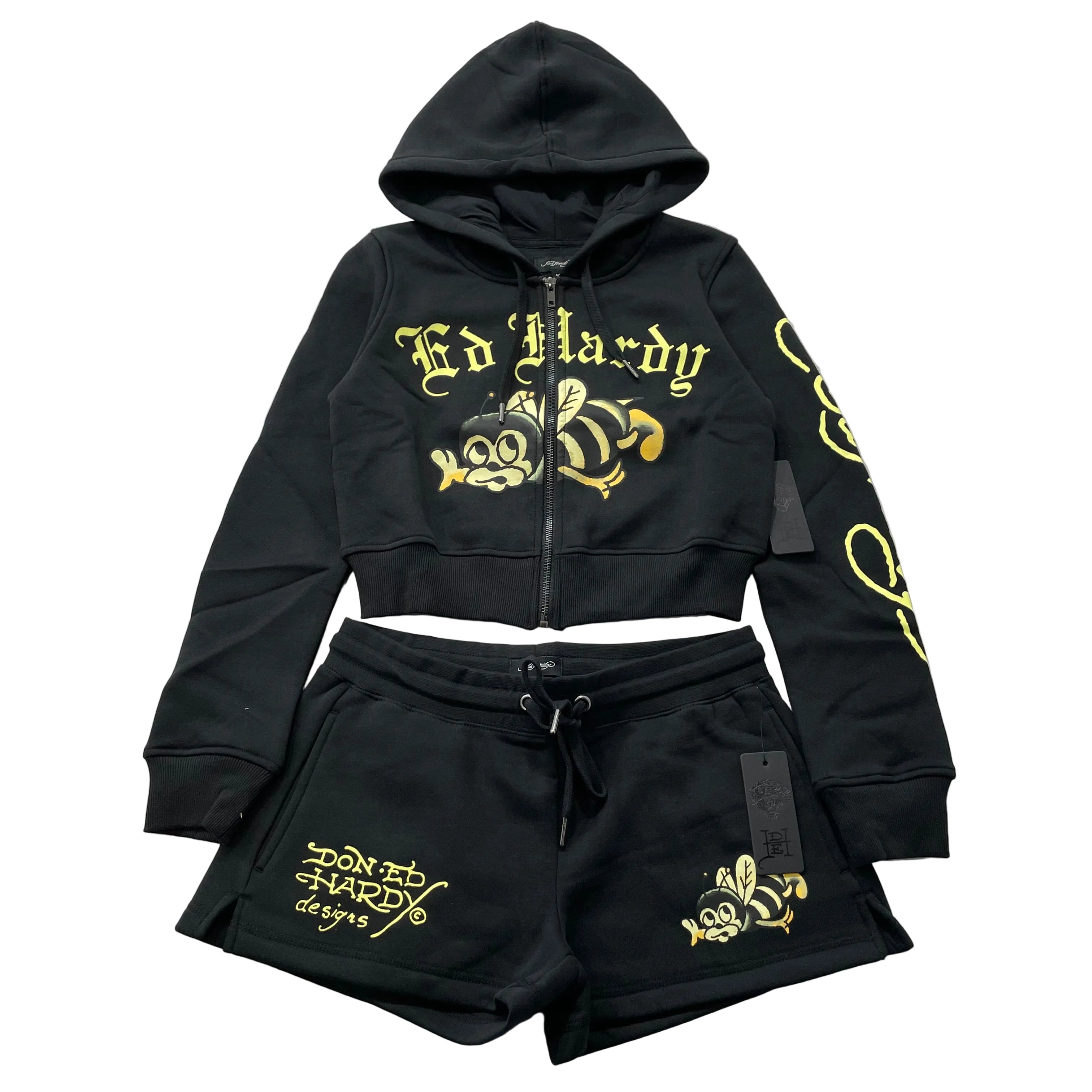 Ed Hardy Bumblebee Women's Black Fleece Graphic Cropped Hoodie & Shorts Set - M