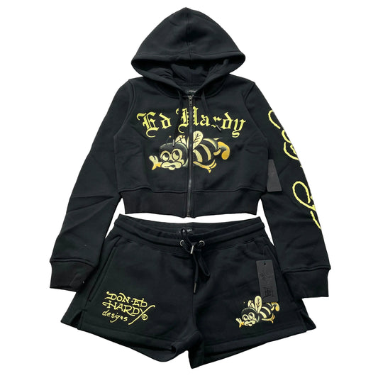 Ed Hardy Bumblebee Women's Black Fleece Graphic Cropped Hoodie & Shorts Set - M