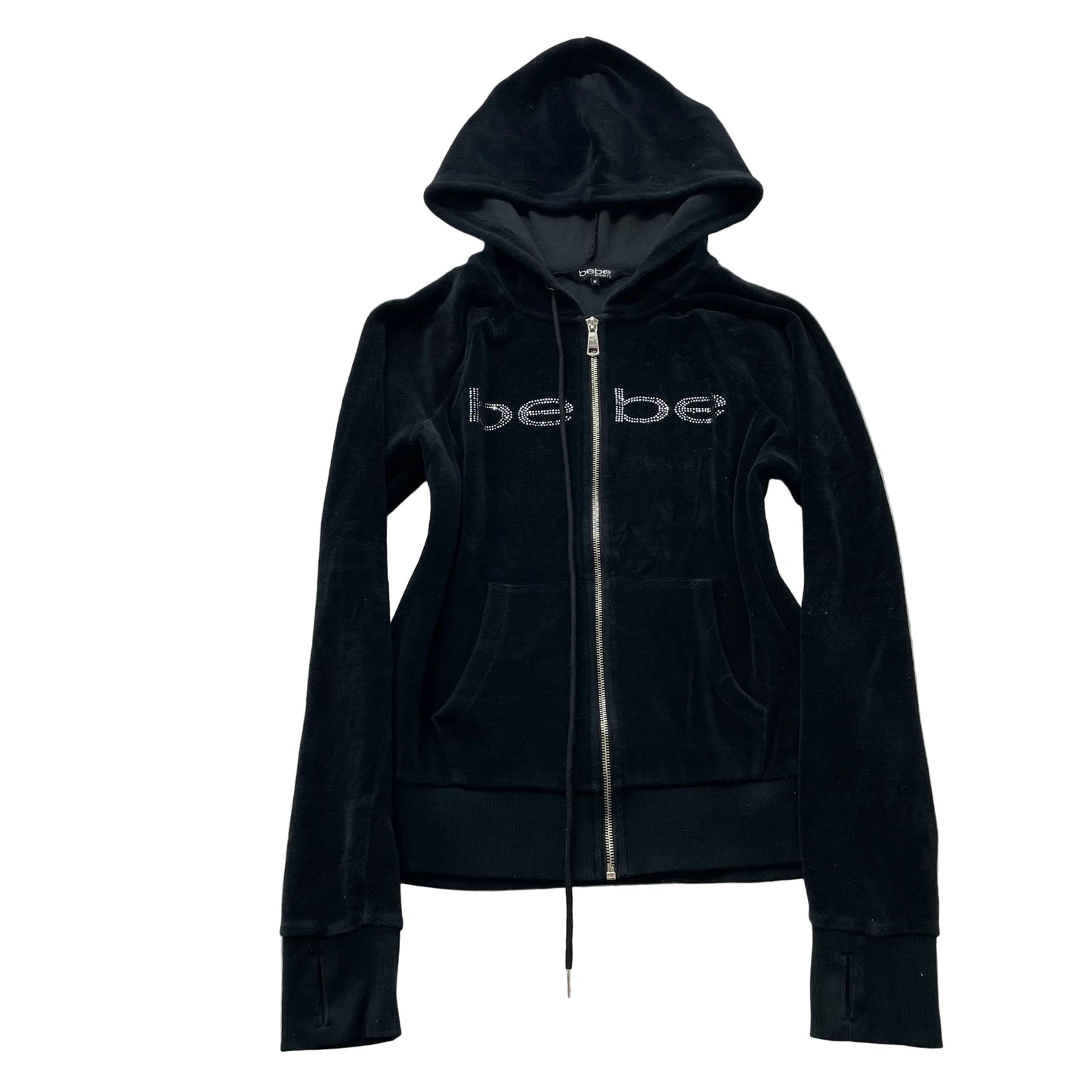 Bebe Sport Women's Black Velour Zip-Up Hoodie Drawstring Rhinestones Logo Size M