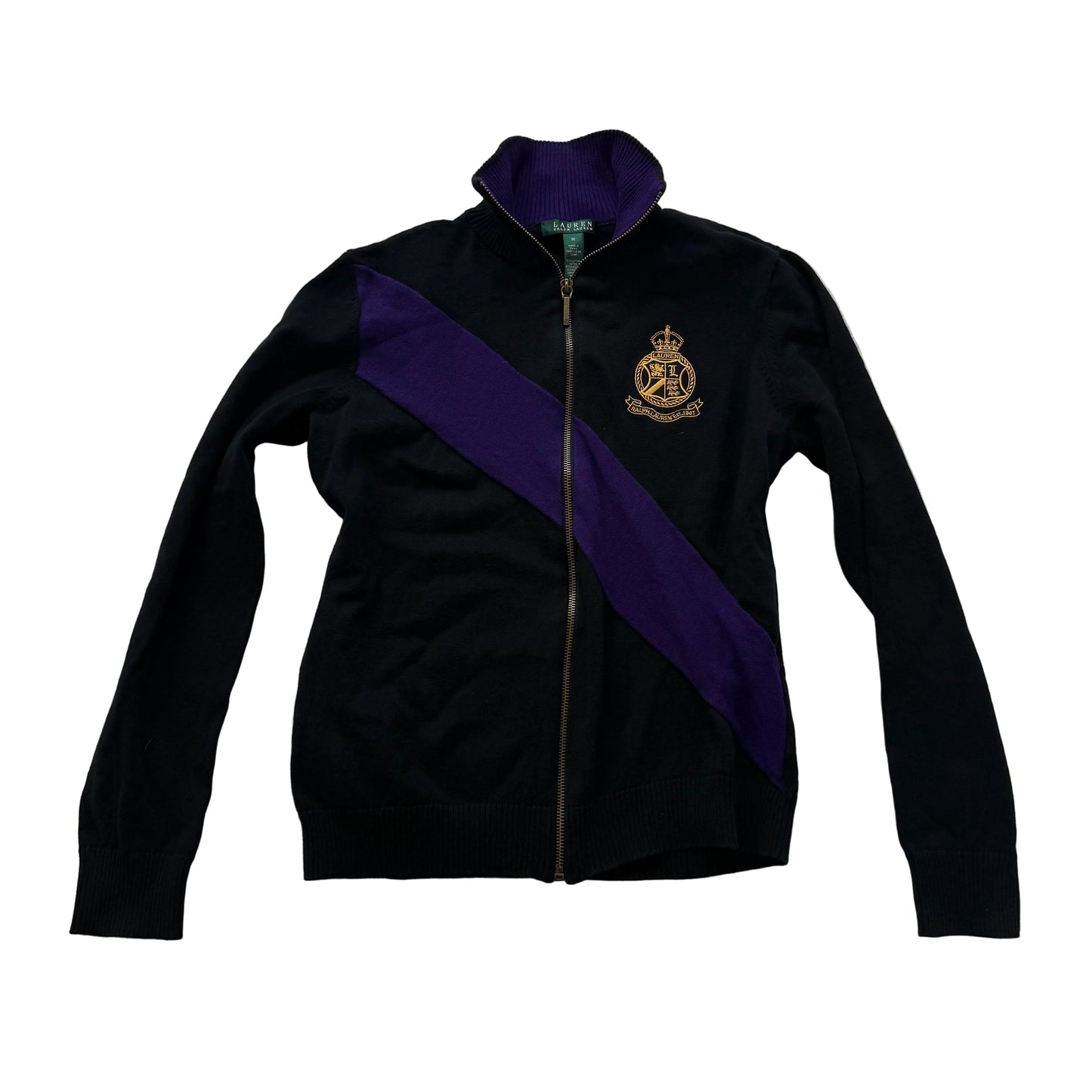 Lauren Ralph Lauren Women's Black Purple Full Zip Jacket Gold Crest Logo Size M
