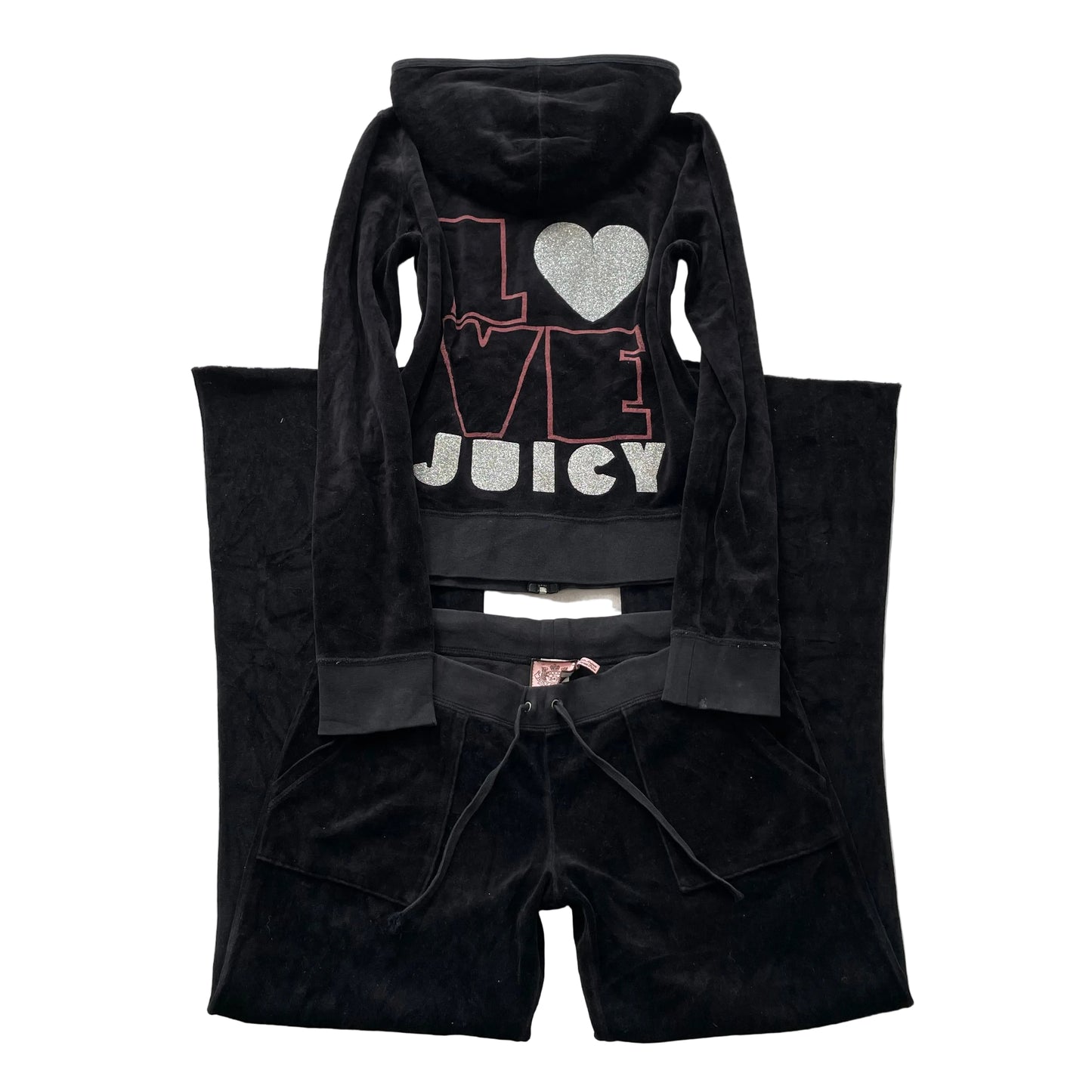 Juicy Couture Women's Black Velour Tracksuit Set Glitter Graphic Logo Y2k Size M