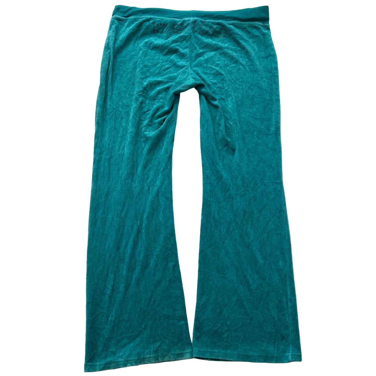 Bebe Women Turquoise Velour Flared Track Pants Rhinestone Logo Loungewear Size L