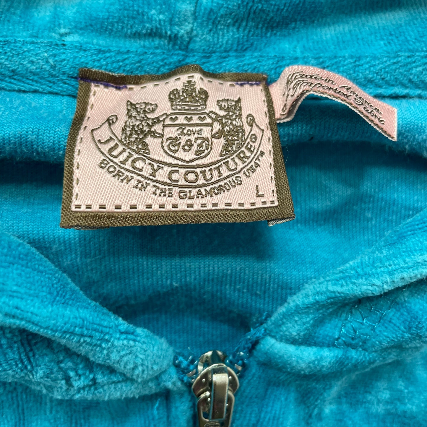 Vintage Juicy Couture Women's Turquoise Velour Zip-Up Hoodie Rhinestones Size L