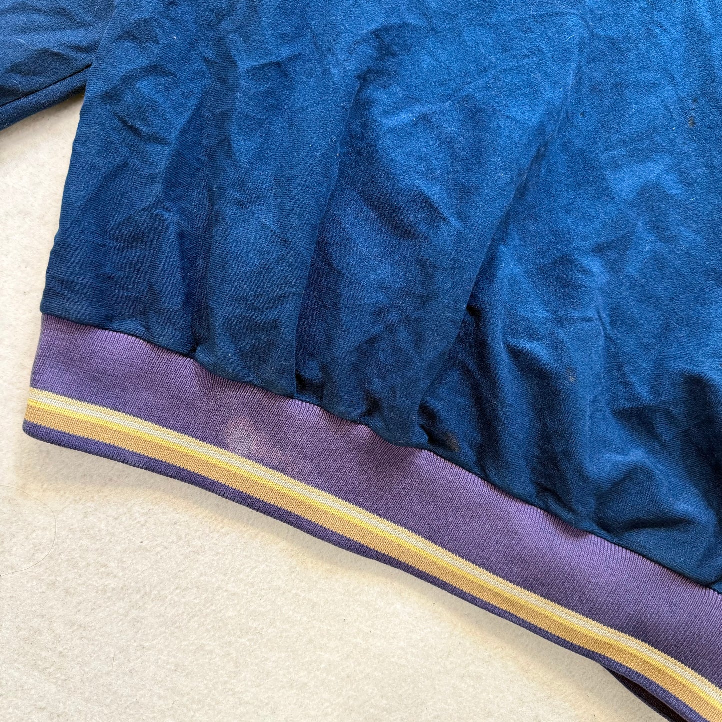 Lee Navy Velour V-Neck Sweater Purple Trim Made in USA Size L