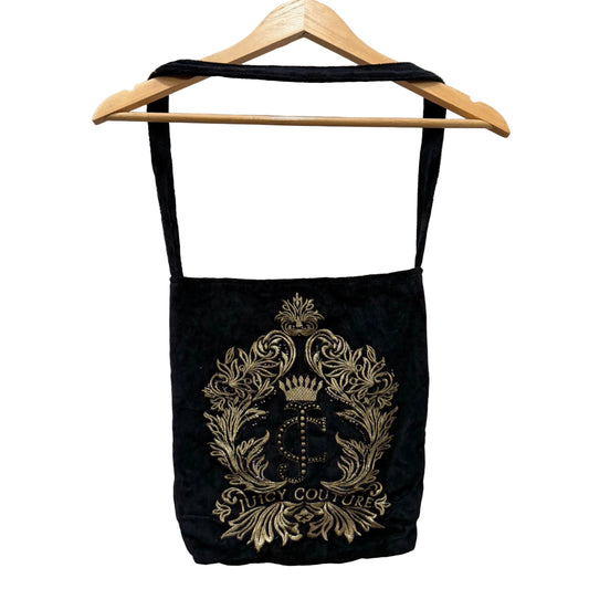 Juicy Couture Black Velour Casual Wear Embroidered Logo Preppy Shoulder Tote Bag