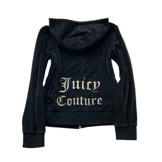Vintage Juicy Couture Womens Black Velour Zip-Up Hoodie Drawstring Pocket Size L
