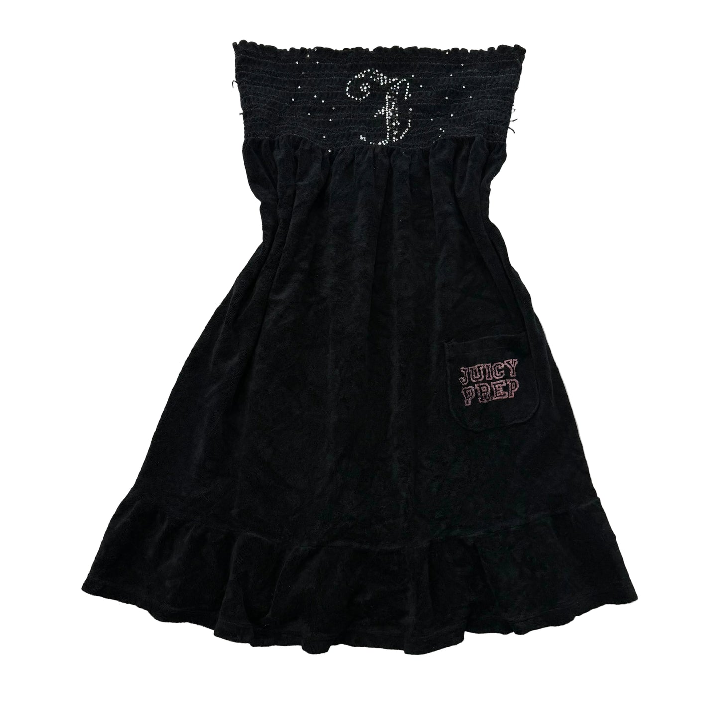 RARE Juicy Couture Juicy Prep Women Black Terry Cloth Smocked Tube Dress Size XL