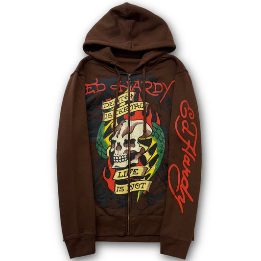 ED HARDY “Death is Certain, Life is Not” BROWN ZIP UP HOODIE