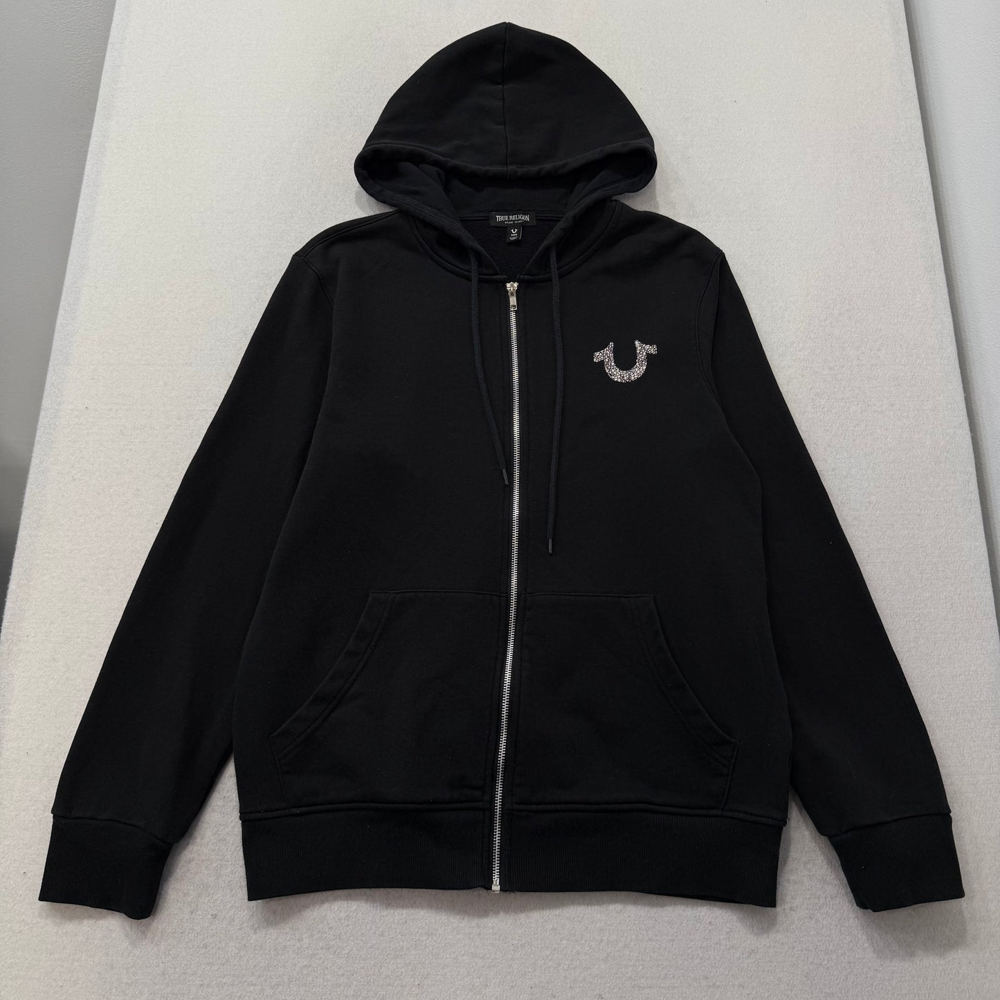 True Religion Men's Black Cotton Zip Up Hoodie Horseshoe Logo Streetwear Size M