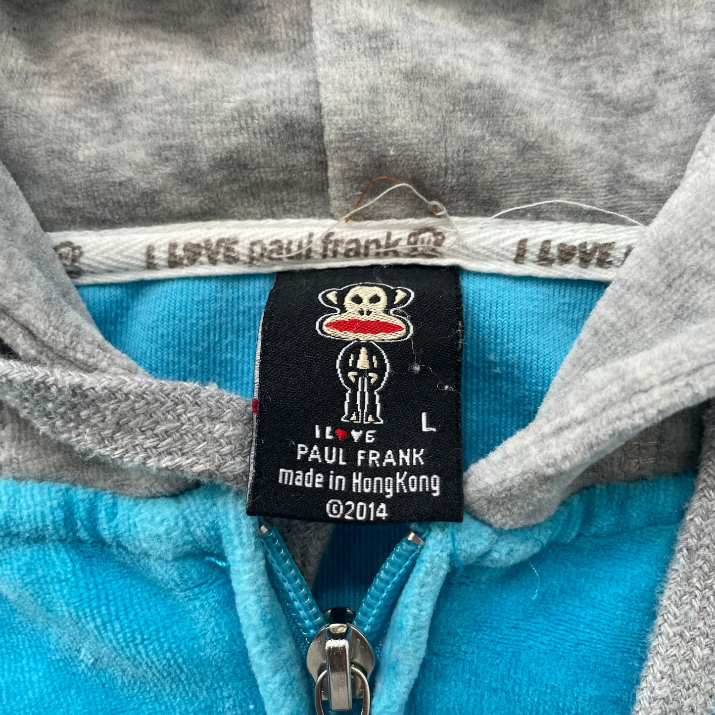 Paul Frank Women's Turquoise Blue Gray Velour Zip Up Cropped Hoodie Logo Size L