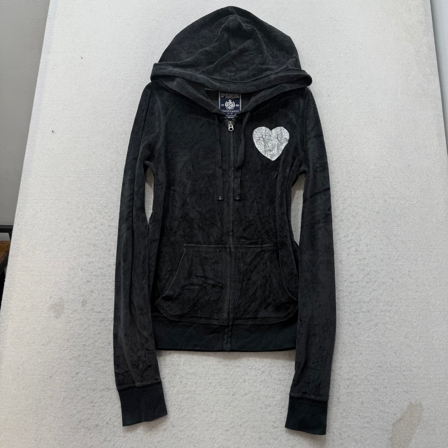 PINK Victoria's Secret Womens Black Velour Full Zip Hoodie Sequin Graphic Size M