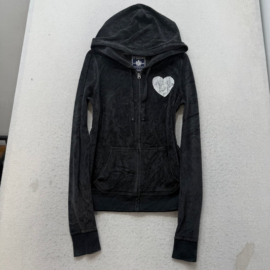 PINK Victoria's Secret Womens Black Velour Full Zip Hoodie Sequin Graphic Size M
