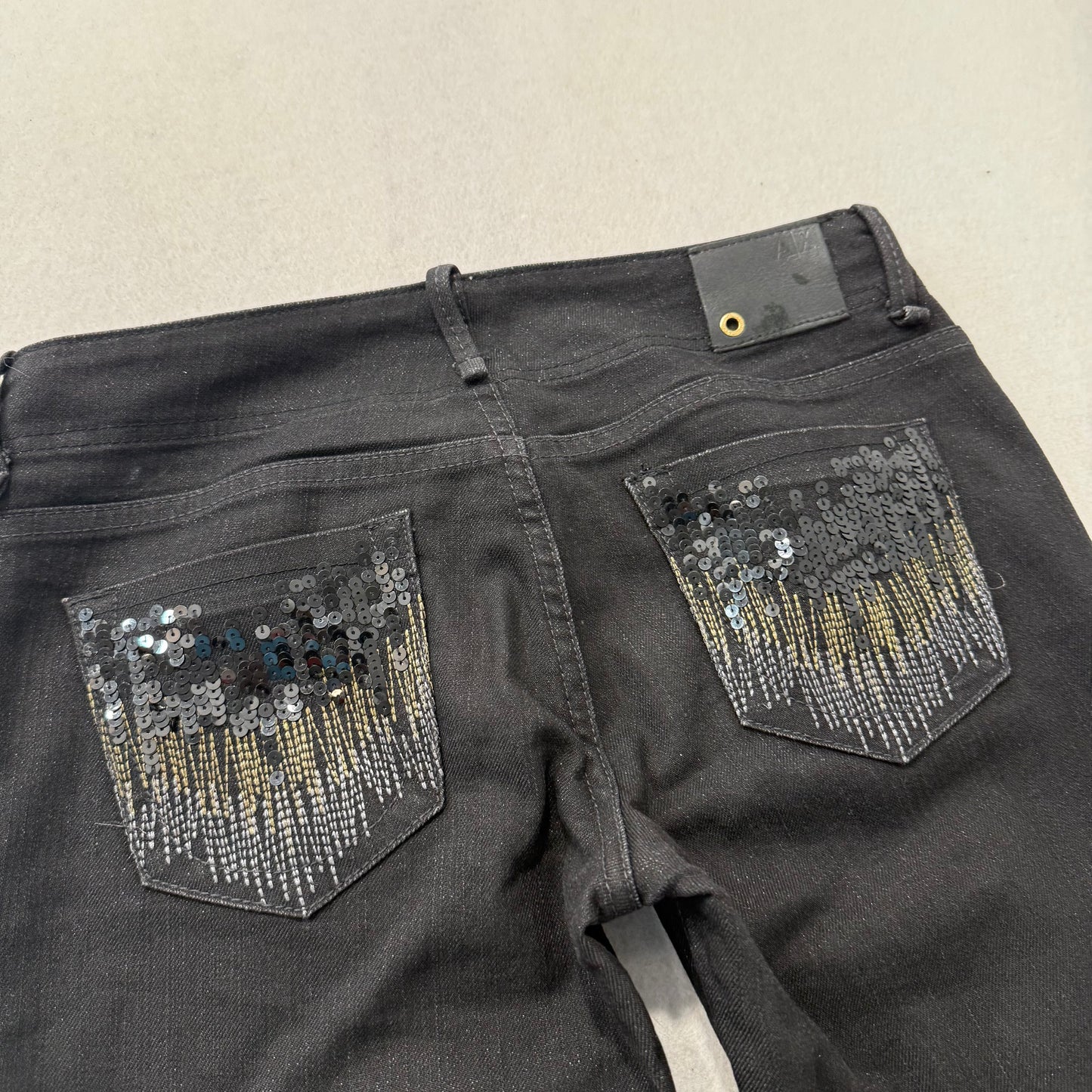 Armani Exchange Women Black Denim Bootcut Jeans Sequin Embellished Pocket Size 2