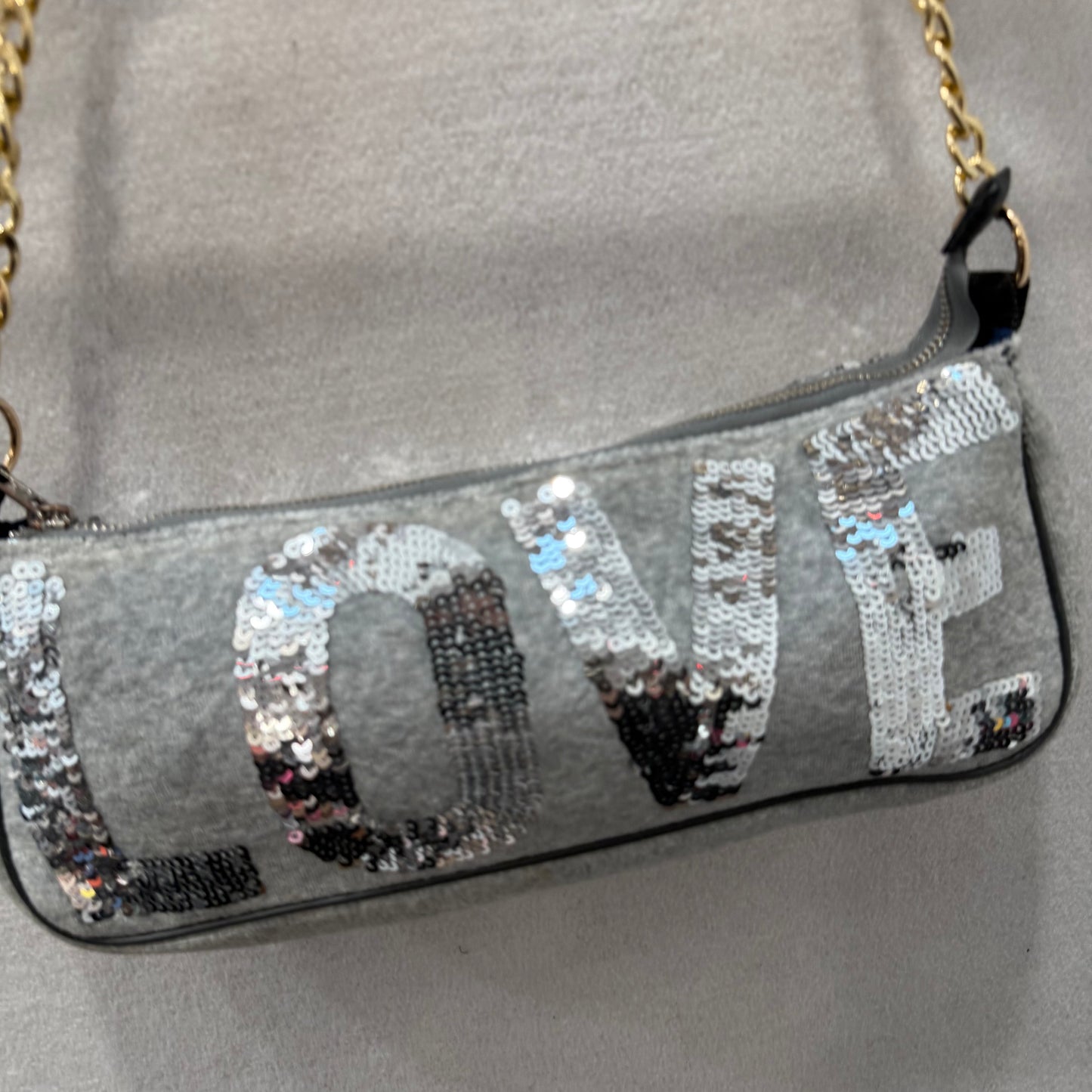 Victoria's Secret PINK Gray Velour Sequin Gold Chain Strap Shoulder Bag Size L