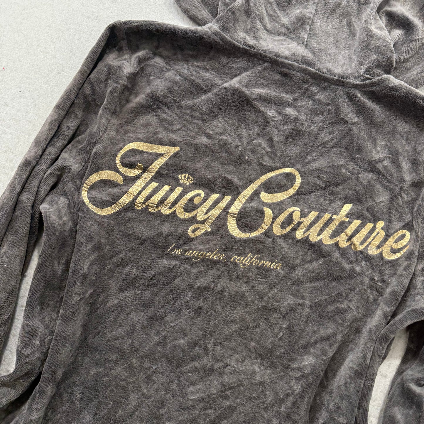 Juicy Couture Women's Charcoal Velour Zip-Up Hoodie Pockets Graphic Logo Size L