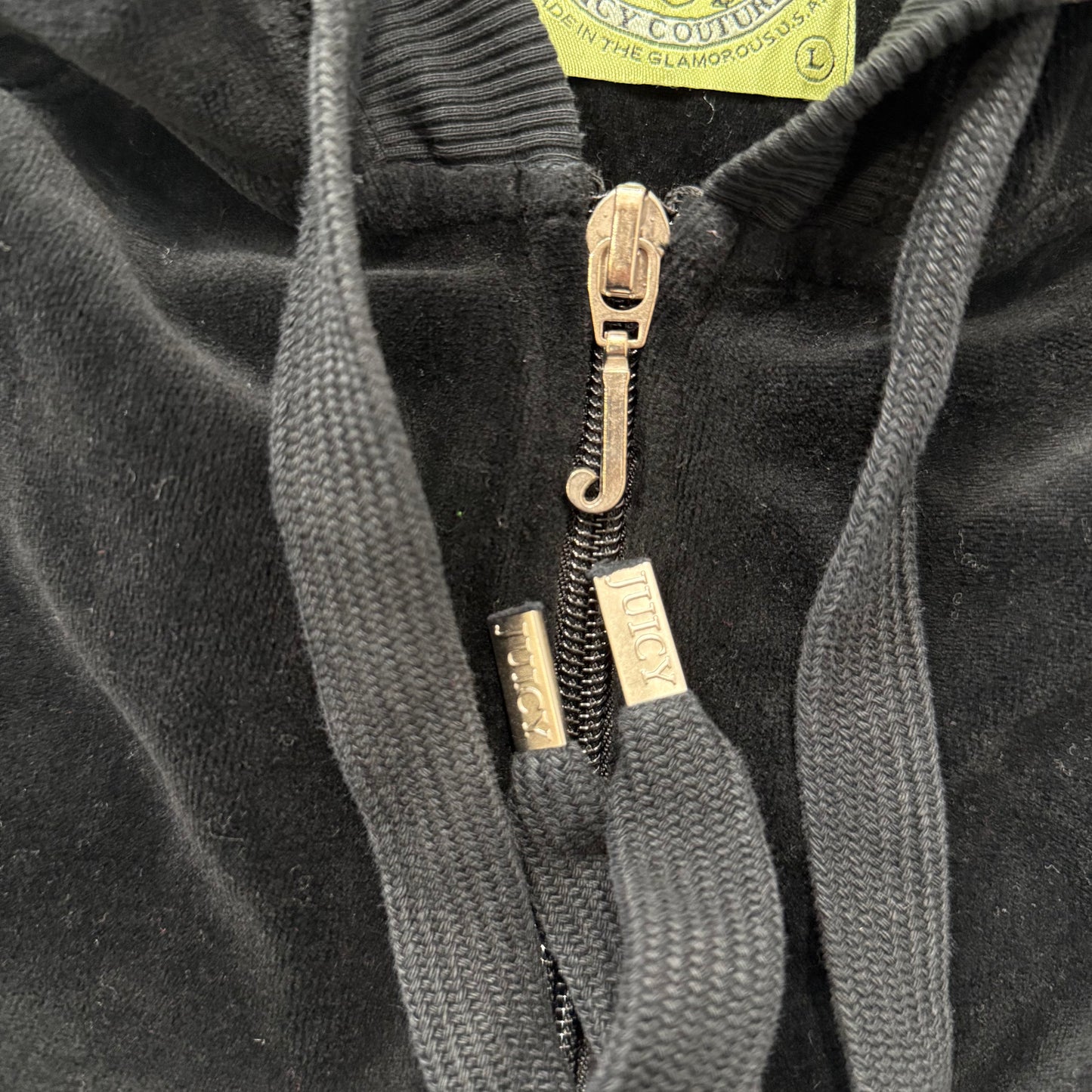 2003 Vintage Juicy Couture Womens Black Velour Full Zip Hoodie Loungewear Size L