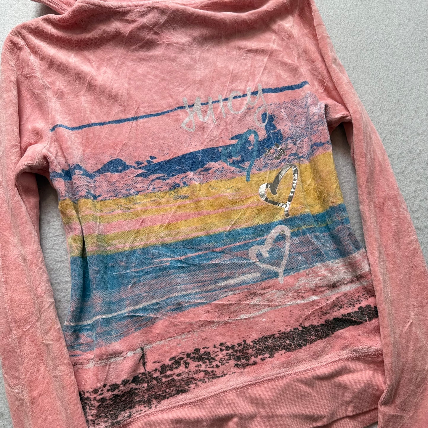 Juicy Couture Women's Pink Velour Zip-Up Hoodie Back Beach Sunset Graphic Size M