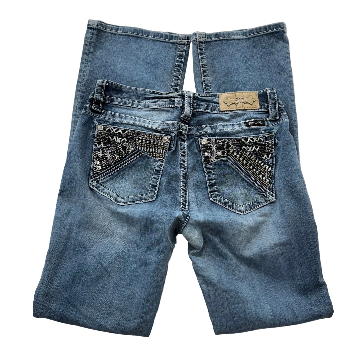 RARE Miss Me Blue Denim Flared Ornate Embellished Bootcut Jeans Low Rise Size 31
