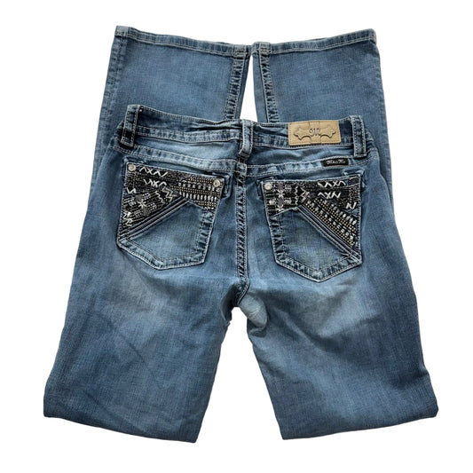 RARE Miss Me Blue Denim Flared Ornate Embellished Bootcut Jeans Low Rise Size 31
