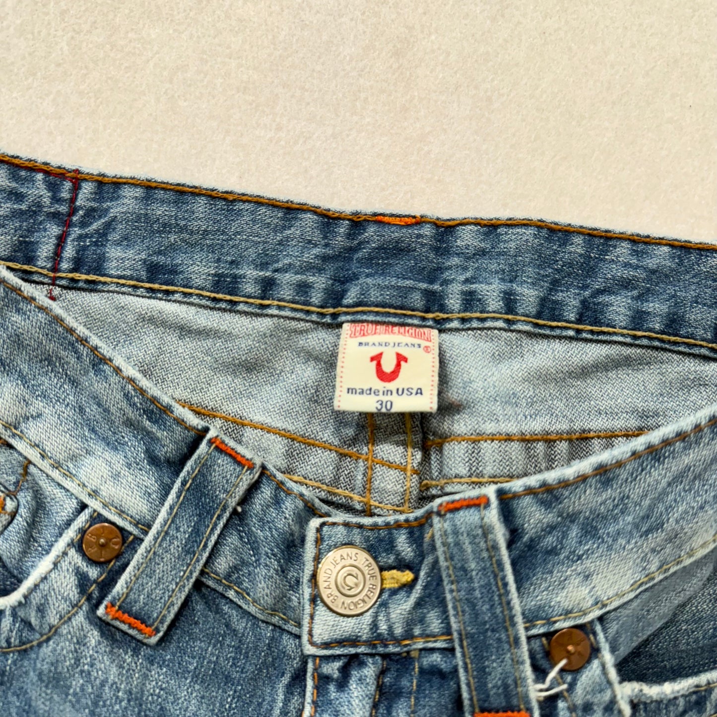 True Religion Blue Denim Cropped Flare Distressed Jeans Raw Hem Low Rise Size 30