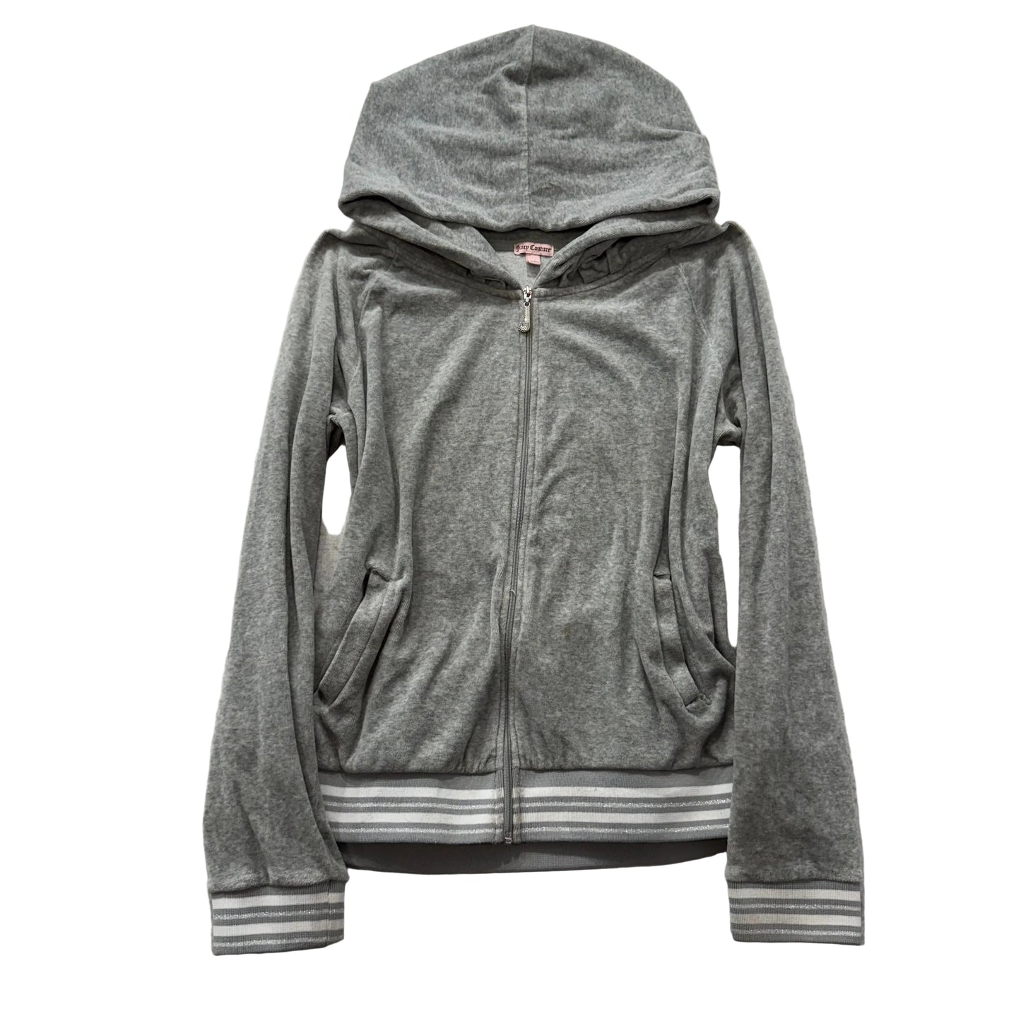 Juicy Couture Women's Gray Velour Full Zip Hoodie Striped Cuffs & Hem Size XL