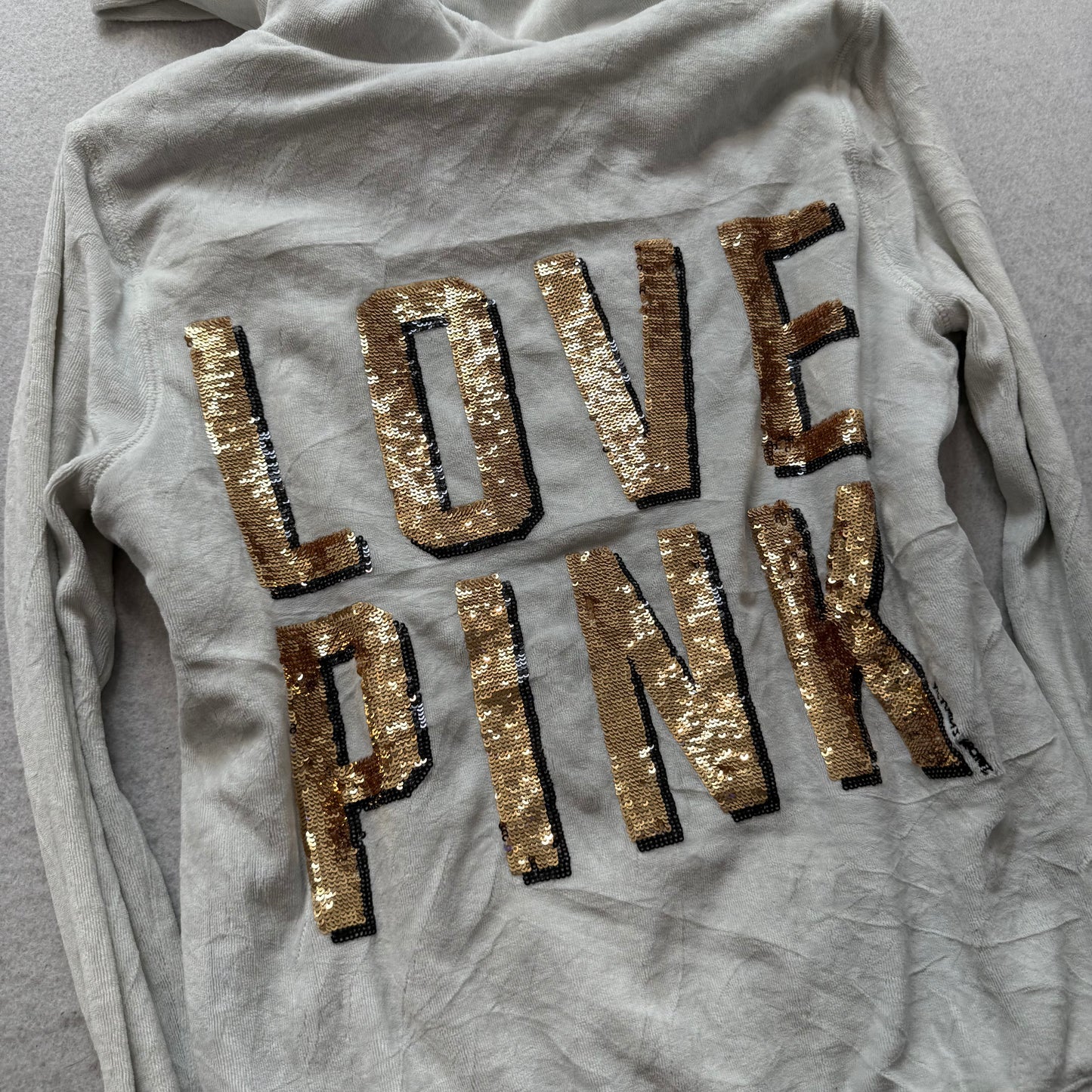 Victoria's Secret PINK White Faux Fur-Lined Zip-Up Hoodie Gold Sequin Size XS