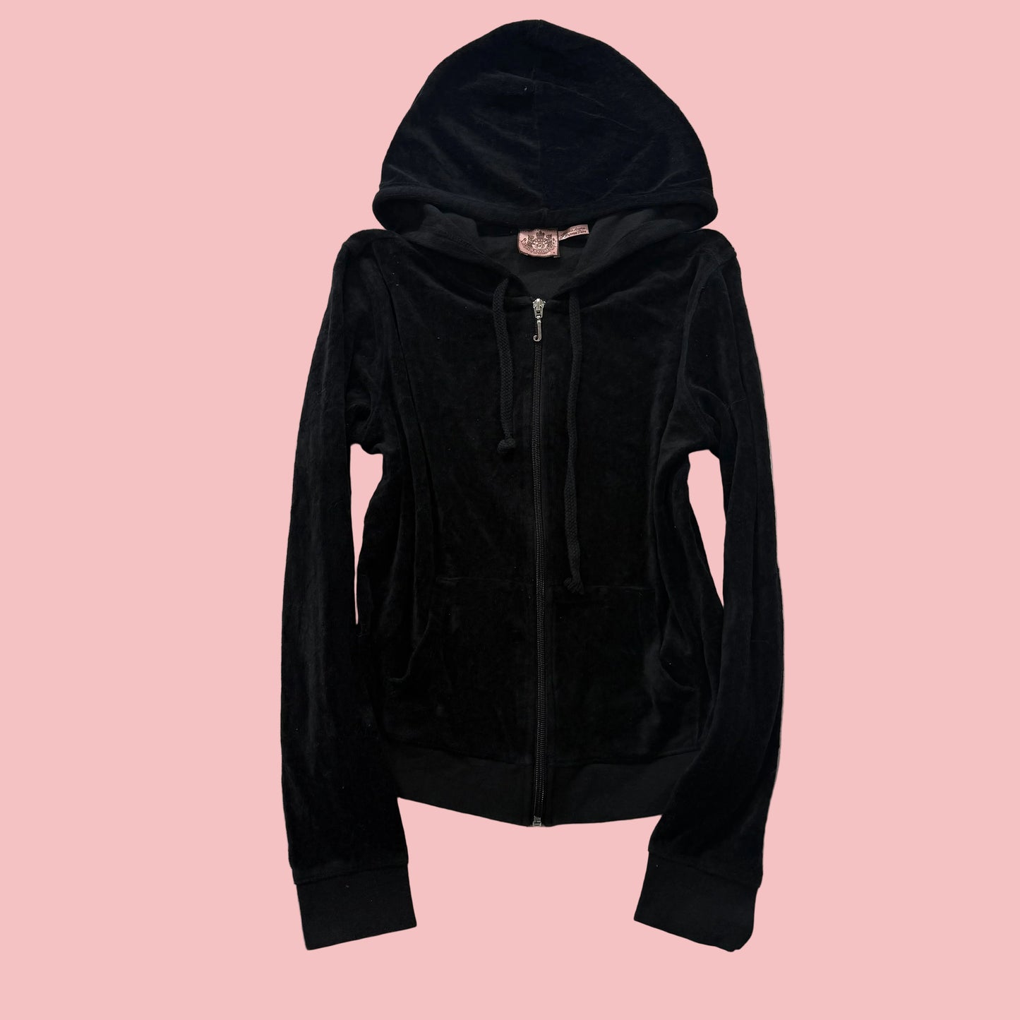 Vintage Juicy Couture Women's Black Velour Zip-Up Hoodie Y2k Drawstring Size S
