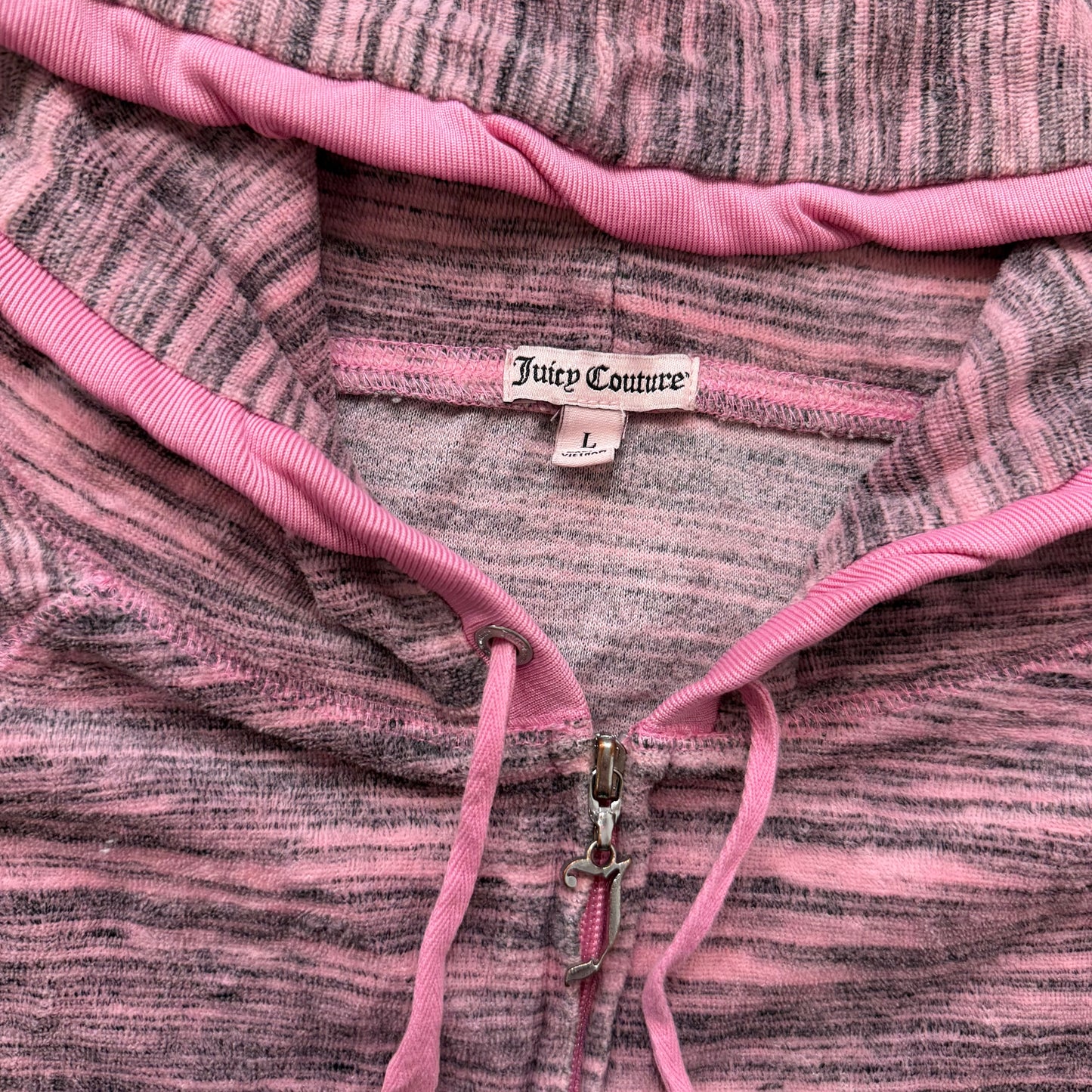 Vintage Juicy Couture Women's Heathered Pink Gray Velour Full Zip Hoodie Size L