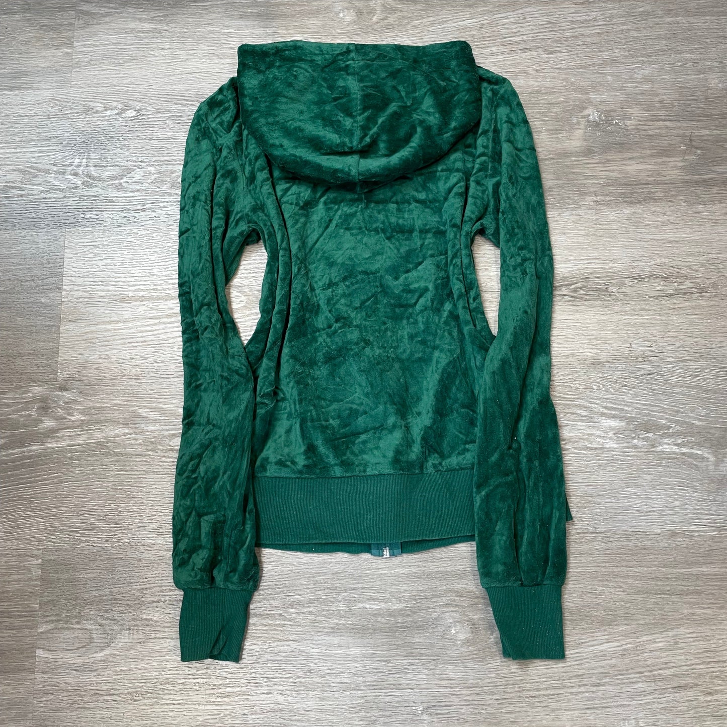 Vintage Juicy Couture Women's Dark Green Velour Zip-Up Hoodie Drawstring Size S