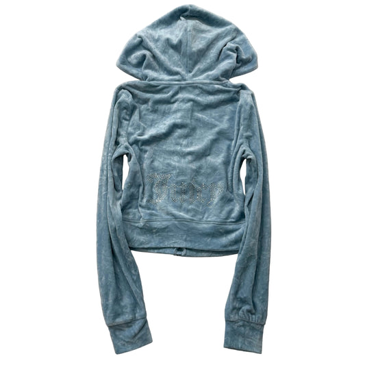 Juicy Couture Women's Ice Blue Velour Full Zip Hoodie Rhinestone Logo Size XS