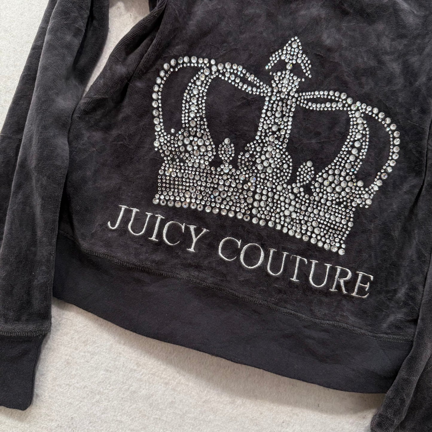 Juicy Couture Womens Charcoal Gray Velour Full Zip Hoodie Rhinestone Logo Size L