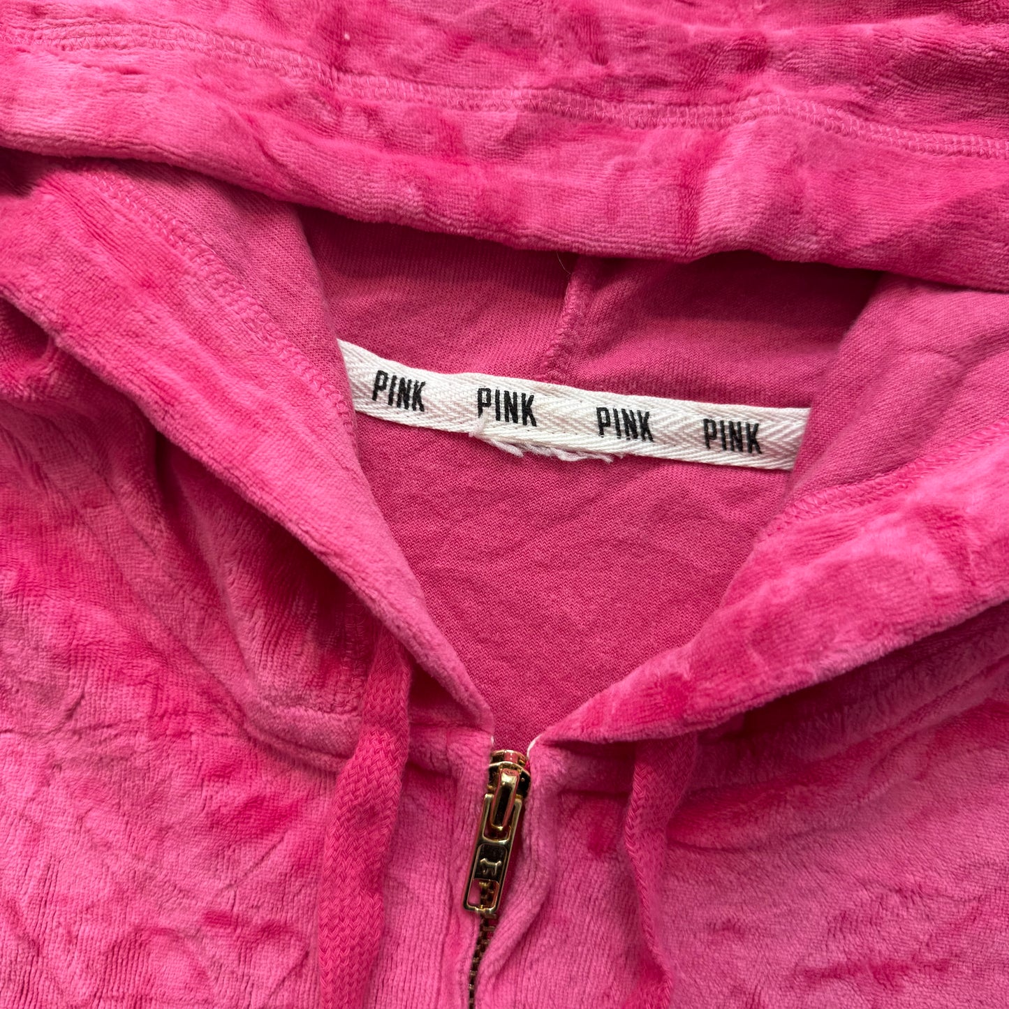 Victoria's Secret PINK Vibrant Pink Velour Zip-Up Hoodie Gold Sequin Logo Size S