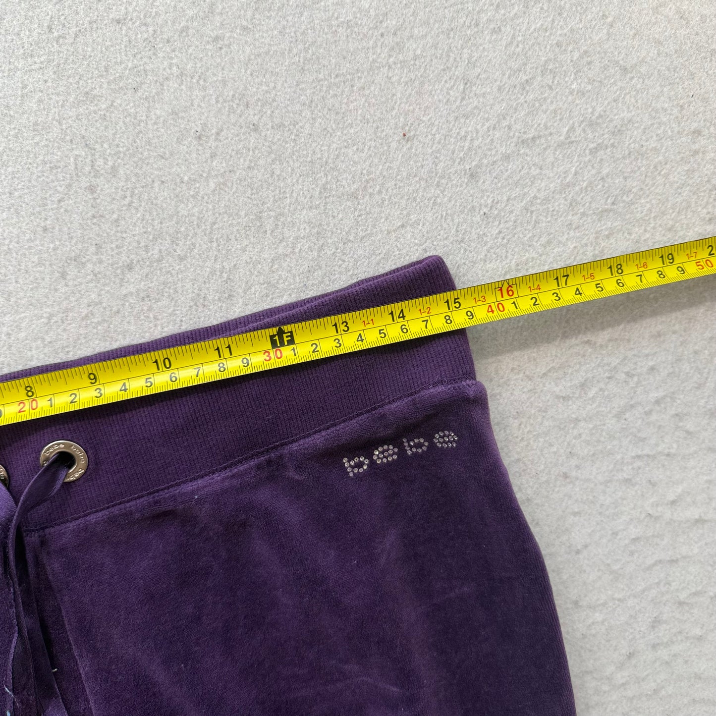 Bebe Women Deep Purple Velour Flared Track Pant Low Rise Rhinestones Logo Size S