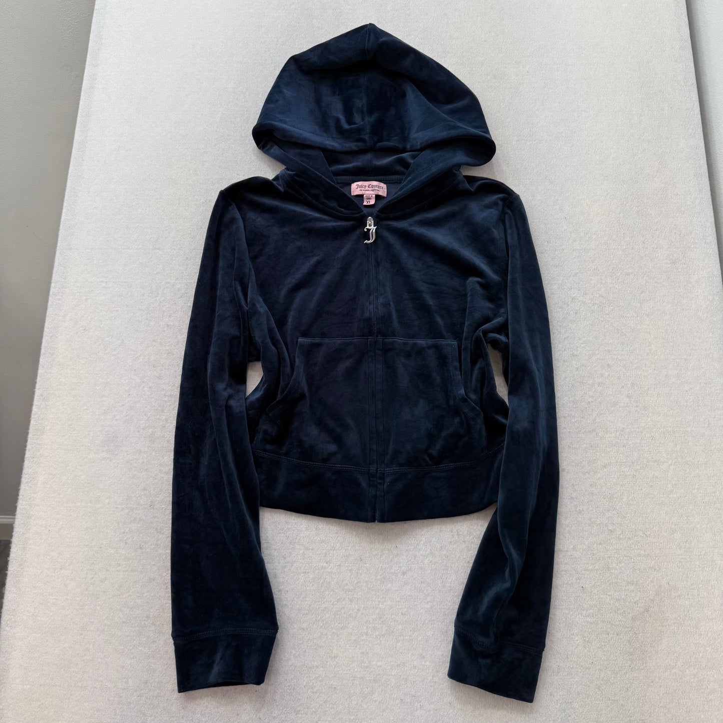 Juicy Couture Women's Navy Velour Zip Up Cropped Hoodie Rhinestones Logo Size XL