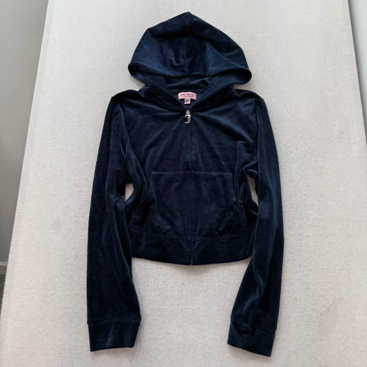 Juicy Couture Women's Navy Velour Zip Up Cropped Hoodie Rhinestones Logo Size XL