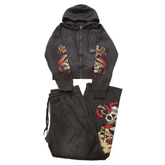 Ed Hardy men’s Black Tracksuit Set Zip-Up Hoodie & Drawstring Pants Size M