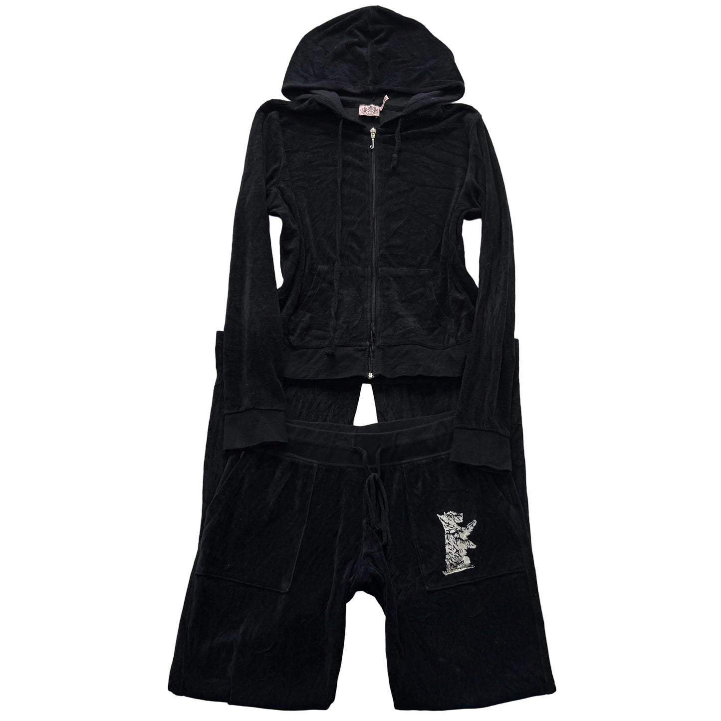 Vintage Juicy Couture Womens Black Velour Tracksuit Set Hoodie & Pant Y2k Size L